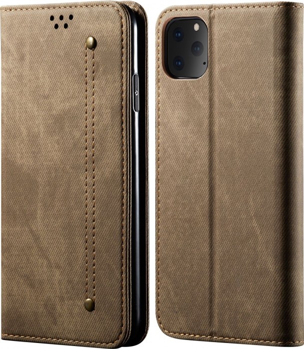 Cubix Denim Flip Cover for Apple iPhone 11 Pro Case Premium Luxury Slim Wallet Folio Case Magnetic Closure Flip Cover with Stand and Credit Card Slot (Khaki)