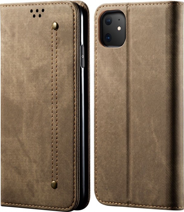Cubix Denim Flip Cover for Apple iPhone 11 Case Premium Luxury Slim Wallet Folio Case Magnetic Closure Flip Cover with Stand and Credit Card Slot (Khaki)