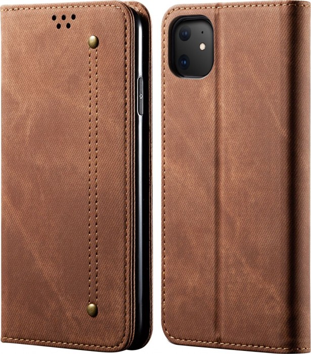 Cubix Denim Flip Cover for Apple iPhone 11 Case Premium Luxury Slim Wallet Folio Case Magnetic Closure Flip Cover with Stand and Credit Card Slot (Brown)