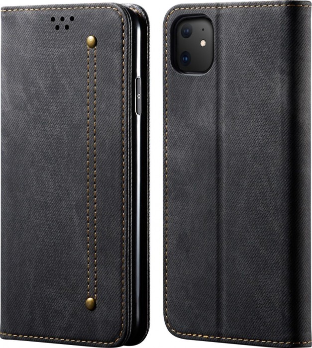 Cubix Denim Flip Cover for Apple iPhone 11 Case Premium Luxury Slim Wallet Folio Case Magnetic Closure Flip Cover with Stand and Credit Card Slot (Black)