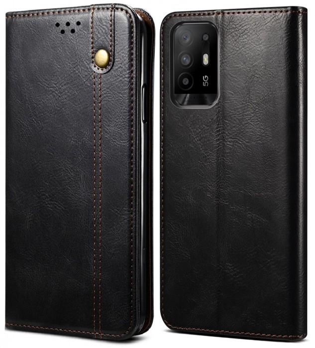 Cubix Flip Cover for Oppo F19 Pro Plus / Pro+, Handmade Leather Wallet Case with Kickstand Card Slots Magnetic Closure for Oppo F19 Pro Plus / Pro+ (Black)