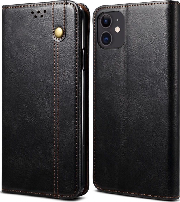 Cubix Flip Cover for Apple iPhone 11, Handmade Leather Wallet Case with Kickstand Card Slots Magnetic Closure for Apple iPhone 11 (Black)