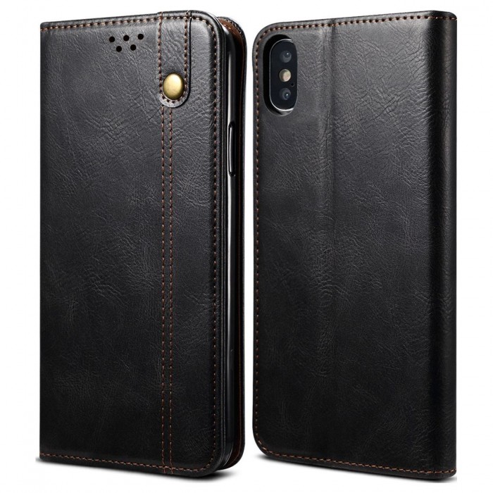 Cubix Flip Cover for Apple iPhone XS / iPhone X (5.8 Inch), Handmade Leather Wallet Case with Kickstand Card Slots Magnetic Closure for Apple iPhone XS / iPhone X (5.8 Inch) (Black)