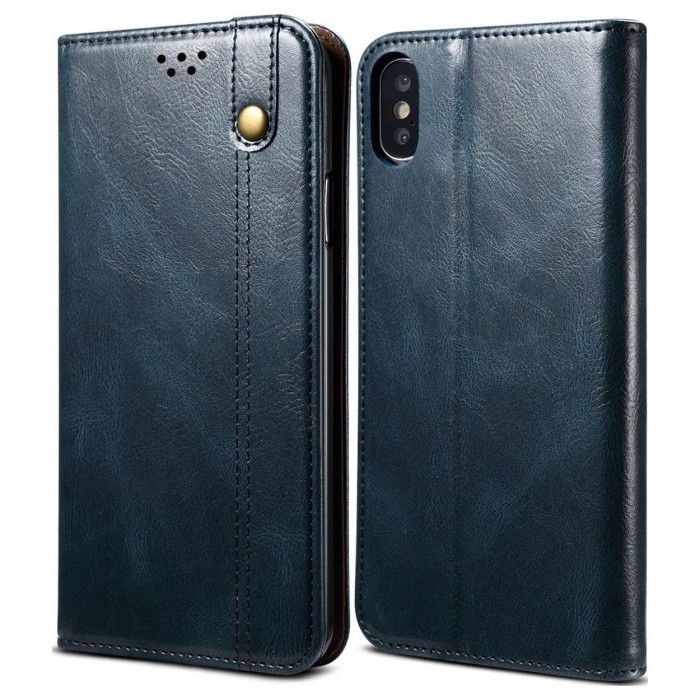 Cubix Flip Cover for Apple iPhone XS / iPhone X (5.8 Inch), Handmade Leather Wallet Case with Kickstand Card Slots Magnetic Closure for Apple iPhone XS / iPhone X (5.8 Inch) (Navy Blue)