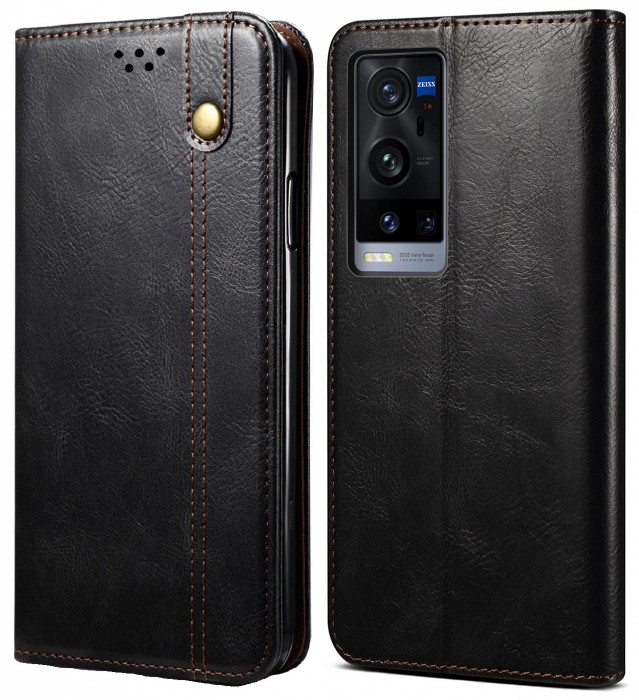 Cubix Flip Cover for vivo X60 Pro Plus / Pro+, Handmade Leather Wallet Case with Kickstand Card Slots Magnetic Closure for vivo X60 Pro Plus / Pro+ (Black)