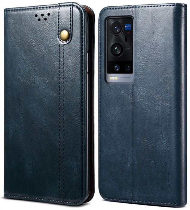 Cubix Flip Cover for vivo X60 Pro Plus / Pro+, Handmade Leather Wallet Case with Kickstand Card Slots Magnetic Closure for vivo X60 Pro Plus / Pro+ (Navy Blue)