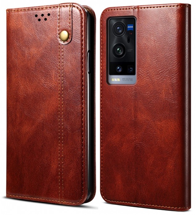 Cubix Flip Cover for vivo X60 Pro Plus / Pro+, Handmade Leather Wallet Case with Kickstand Card Slots Magnetic Closure for vivo X60 Pro Plus / Pro+ (Brown)